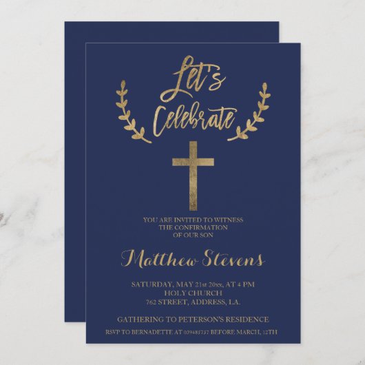 Bestätigung der dunkelblauen Typografie durch die  Einladung (Vorne/Hinten)