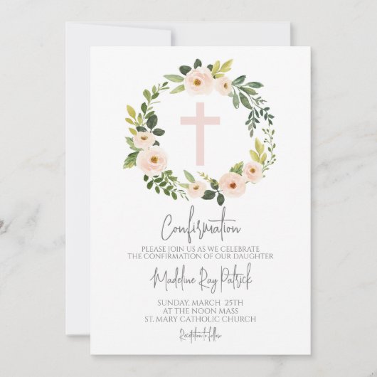 Bestätigung des Blumenkranzes in Rosa Einladung (Vorderseite)