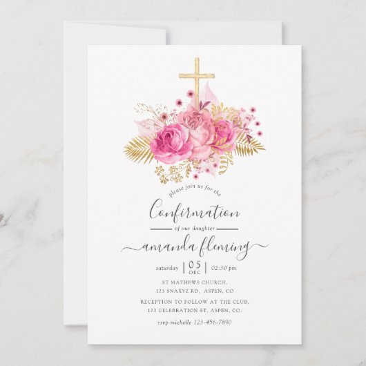 Bestätigung des tropischen Rosa und Gold-Blumen Einladung (Vorderseite)