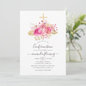 Bestätigung des tropischen Rosa und Gold-Blumen Einladung (Stehend Vorderseite)