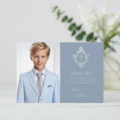 Bestätigung Dusty Blue Boy Foto Silver Wappen Dankeskarte (Stehend Vorderseite)