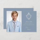 Bestätigung Dusty Blue Boy Foto Silver Wappen Dankeskarte (Vorne/Hinten)