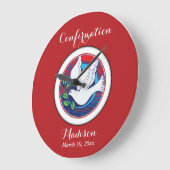 Bestätigung farbenfrohe Taube auf rotem Hintergrun Große Wanduhr (Winkel)