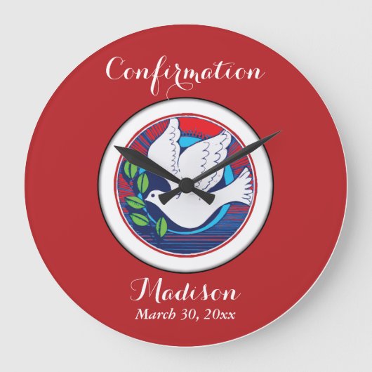 Bestätigung farbenfrohe Taube auf rotem Hintergrun Große Wanduhr (Vorderseite)