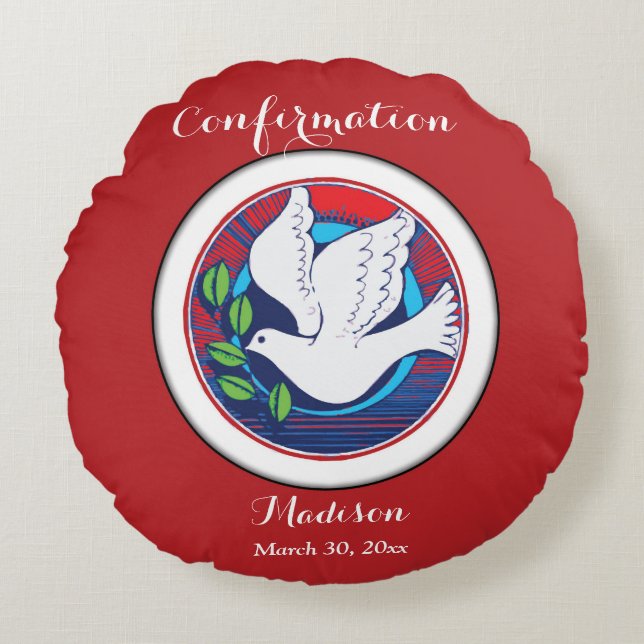 Bestätigung farbenfrohe Taube auf rotem Hintergrun Rundes Kissen (Vorderseite)