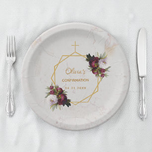 Bestätigung floral Burgundy Peonies Marble Gold Pappteller