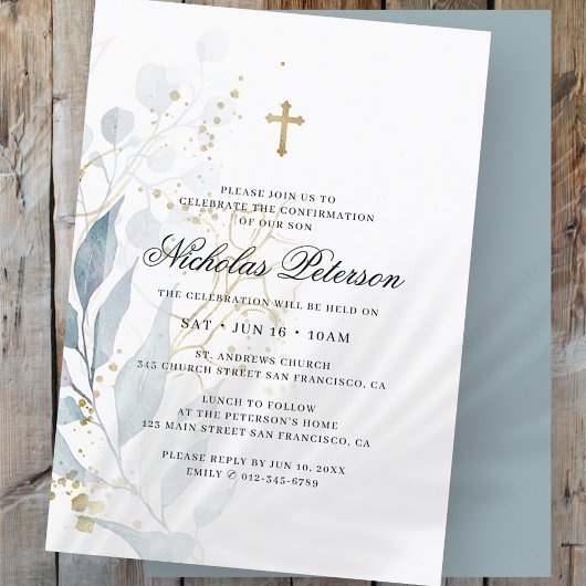 Bestätigung für ihn | Foliage Gold Cross Einladung