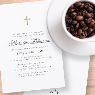 Bestätigung für ihn   Minimalistisches Goldkreuz Einladung