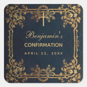 Bestätigung Navy Blau Elegant Antik Gold Ranken Quadratischer Aufkleber