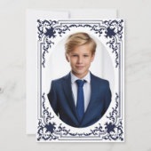 Bestätigung Navy Blue Boy Foto Vintag Elegant Einladung (Rückseite)