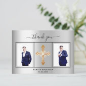 Bestätigung silber Foto Skript-Junge Dankeskarte (Stehend Vorderseite)