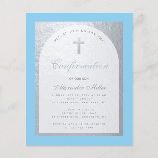 Bestätigung Silver Blue Gray Budget Einladung (Vorderseite)