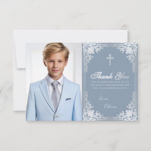 Bestätigung Vintages Dusty Blue Silver Boy Foto Dankeskarte (Vorderseite)