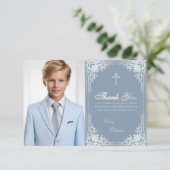 Bestätigung Vintages Dusty Blue Silver Boy Foto Dankeskarte (Stehend Vorderseite)