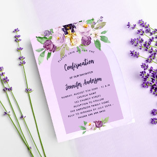 Bestätigung violette lila Blumen Kreuz Mädchen Einladungspostkarte
