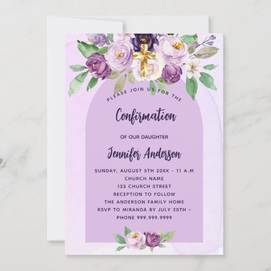 Bestätigung violette violette Blumen Kreuzmädchen Einladung (Vorderseite)