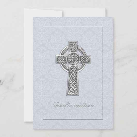 Bestätigungs-blaues Damast-Silber-Kreuz Einladung (Vorderseite)