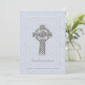 Bestätigungs-blaues Damast-Silber-Kreuz Einladung (Stehend Vorderseite)