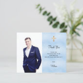 Bestätigungs-Foto Junge blauen Haushalt Vielen Dan (Stehend Vorderseite)