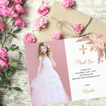 Bestätigungsblush Pampas Foto danke Karte<br><div class="desc">Eine moderne und elegante Bestätigung,  danke Karte. Ein schick weißer Hintergrund mit blauen Blumen und Pampas-Gras. Personalisieren Sie und fügen Sie Ihr Foto der Bestätiger,  vielen Dank und Name.</div>