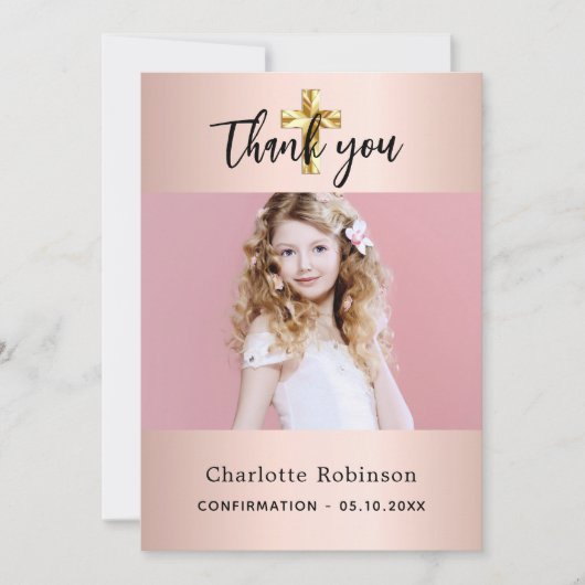 Bestätigungsmädchen Rose Gold Foto Dankeschön Kart Einladung (Vorderseite)