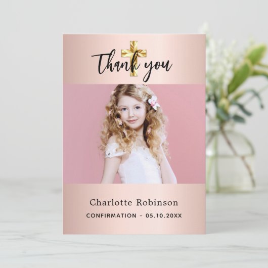 Bestätigungsmädchen Rose Gold Foto Dankeschön Kart Einladung (Stehend Vorderseite)