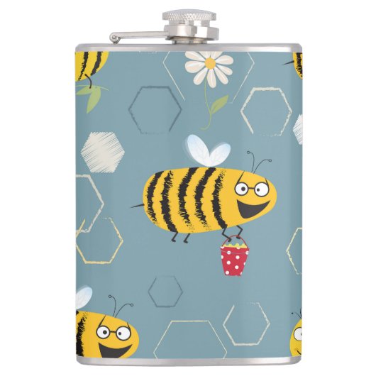 Bestäubende Bienen, blühende Gartenlandschaft. Flachmann (Vorderseite)