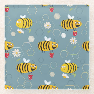 Bestäubende Bienen, blühende Gartenlandschaft. Glasuntersetzer