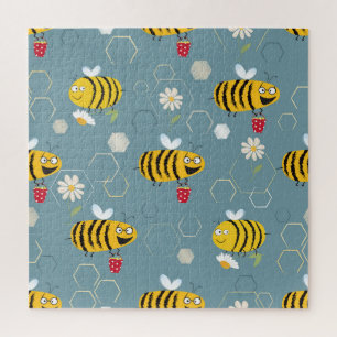Bestäubende Bienen, blühende Gartenlandschaft. Puzzle