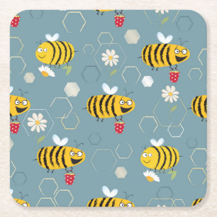 Bestäubende Bienen, blühende Gartenlandschaft. Rechteckiger Pappuntersetzer