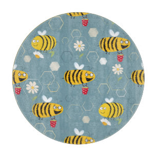 Bestäubende Bienen, blühende Gartenlandschaft. Schneidebrett
