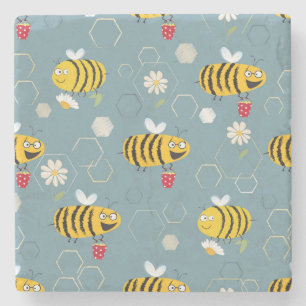 Bestäubende Bienen, blühende Gartenlandschaft. Steinuntersetzer
