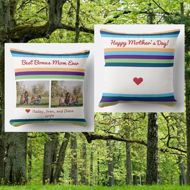 Beste Bonus-Mama je 2 Fotos Name Script Modern Kissen (Best Bonus Mom Ever. Photo keepsake for Mother's Day. Modern pillow, elegant minimalist color bands)