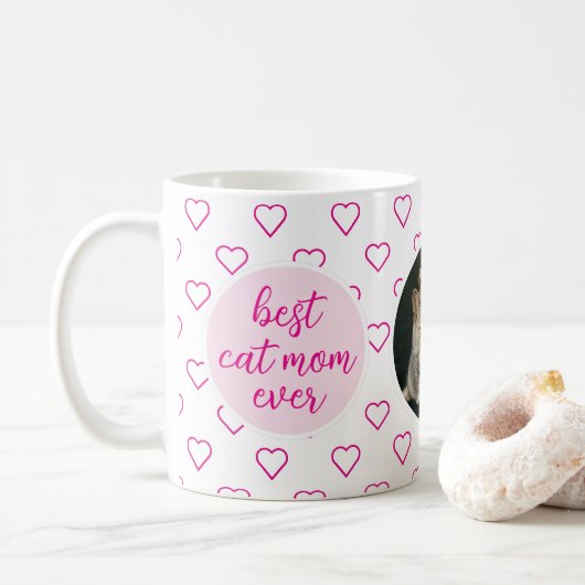 Beste Cat Mama je Niedliches rosa Herz Muster Foto Kaffeetasse (Mit Donut)