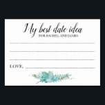 Beste Date Idea Polterabend Sukkulente Karte<br><div class="desc">Diese bezaubernden, besten Date-Ideenkarten sind die perfekte Ergänzung zu einem Polterabend oder an der Hochzeitsfeier. Dieses Design bietet eine Kombination aus Handschrift und Block-Schriftart in schwarz und hervorgehoben durch einen prächtigen Bouquet. Die Gäste haben Platz, um ihr Lieblingstag der Nacht verlassen, auf der Vorderseite den Namen des Ehepaares und das...</div>