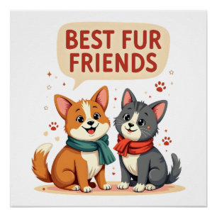 Beste Fellfreunde Vintage Süße Katze und Hund Cart Poster