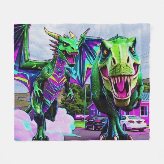 Beste Freunde - Drache und Dinosaurier beim Spazie Fleecedecke (Vorderseite (Horizontal))