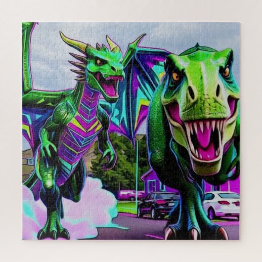Beste Freunde - Drache und Dinosaurier beim Spazie Puzzle (Vertikal)