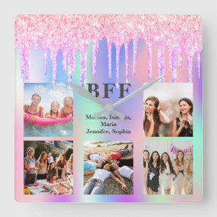 Beste Freunde Foto rosa lila Glitzer Tropfen Foto Quadratische Wanduhr
