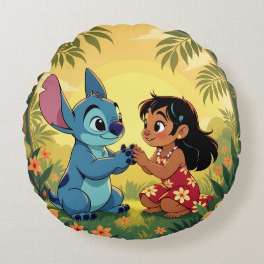 Beste Freunde fürs Leben – Lilo & Stitch Rundes Kissen (Vorderseite)