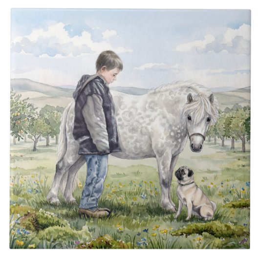 Beste Freunde - Kind mit Pony und Hund in einem Ob Fliese (Vorderseite)