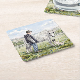 Beste Freunde - Kind mit Pony und Hund in einem Ob Rechteckiger Pappuntersetzer