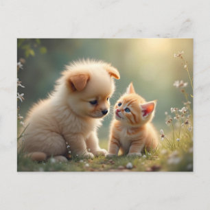 Beste Freunde - niedlicher Welpe und Kätzchen im G Postkarte