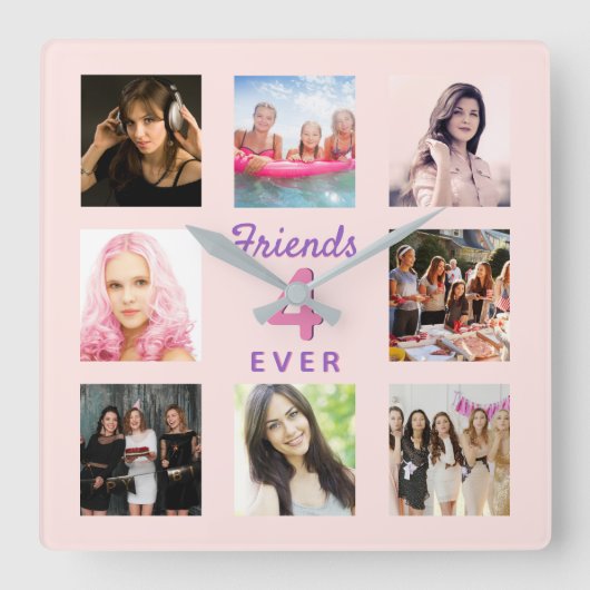 Beste Freunde Rose Goldene Schwarze Foto Collage Quadratische Wanduhr (Vorderseite)