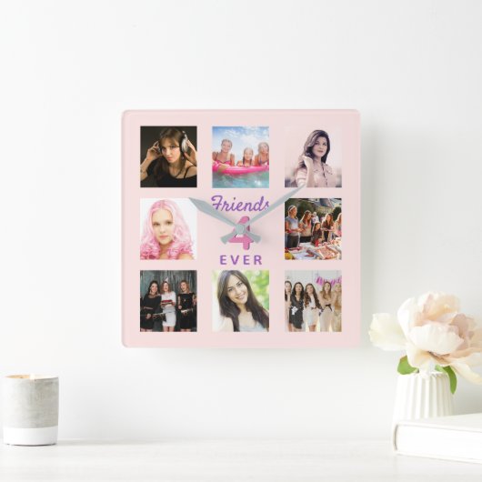 Beste Freunde Rose Goldene Schwarze Foto Collage Quadratische Wanduhr (Zuhause)