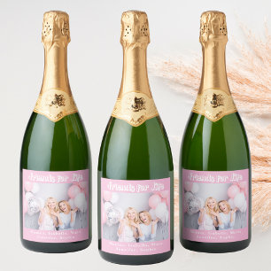 Beste Freundinnen rosa Pastell-Foto-Namen-Party Schaumweinetikett