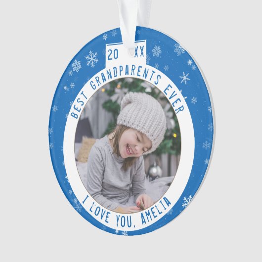 Beste Großeltern Snowflake Blue Keepake Foto Ornament (Vorderseite)