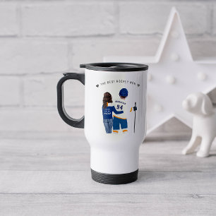 Beste Hockey-Mutter Blaues und oranges Monogramm Reisebecher