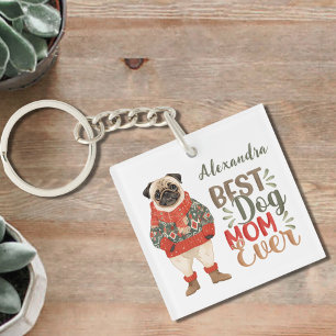 Beste Hundemutter überhaupt Wasserfarbe Pug Custom Schlüsselanhänger