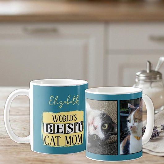 Beste Katze Mutter 2 Foto Name blau gelb Kaffeetasse